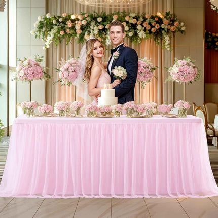 2 Pack Pink Table Cloth for 6 Foot Rectangle Tables, Pink Tulle Table Skirt Stre