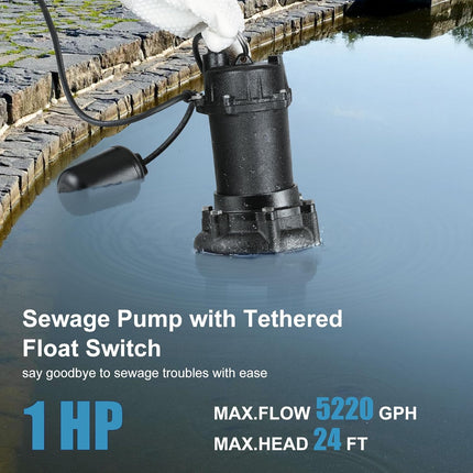 TONGCHANT 110V 1HP 5220GPH Cast Iron Submersible Sewage/Effluent Pump with Ajust