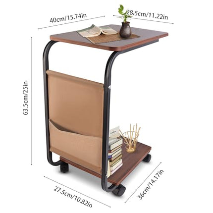 Ditind C Shaped End Table with Rolling Wheels, Small Couch Side Table with Stora
