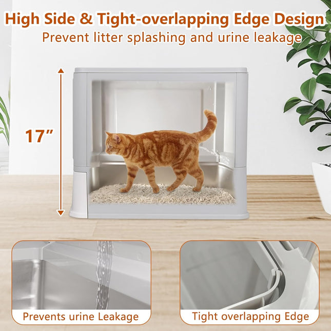 ELEGX Odor-Control Stainless Steel Cat Litter Box,XL Large 4-in-1 Cat Metal Litt