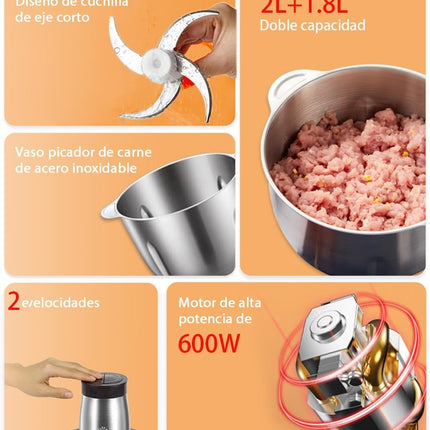 Bear 600W Electric Food Processors & Chopper, 2L Glass Container & 1.8L 304 Stai