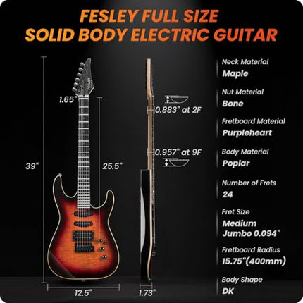 Fesley X 39" Solid Body Electric Guitar:Electric Guitar Kit with Bone Nut, Full
