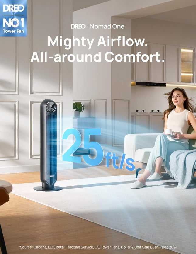 Dreo Tower Fan for Bedroom, 25ft/s Velocity Quiet Floor Fan, 90° Oscillating Fan