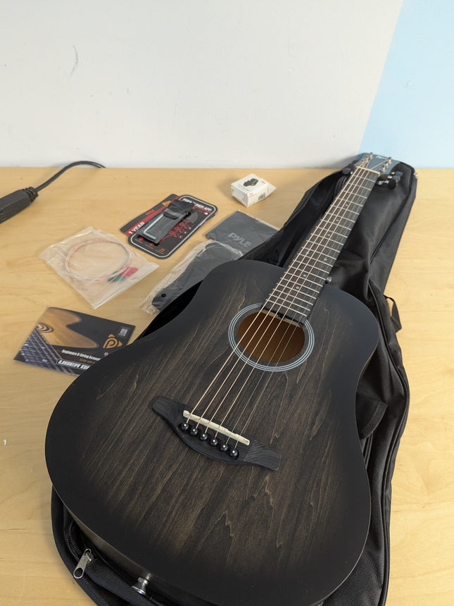 PYLE 34” Acoustic Guitar Kit-1/2 Junior Size Handcrafted Linden Wood Black Matte