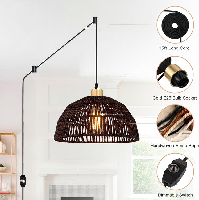 Plug in Pendant Light, Hanging Lights with 15ft Cotton Cord & Stepless Dimming S