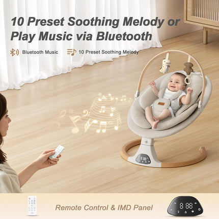Monamii Bluetooth Baby Swing for Infants, 5 Sway Motions, 10 Melodies, Remote Control & Auto-Rocking, Light Beige
