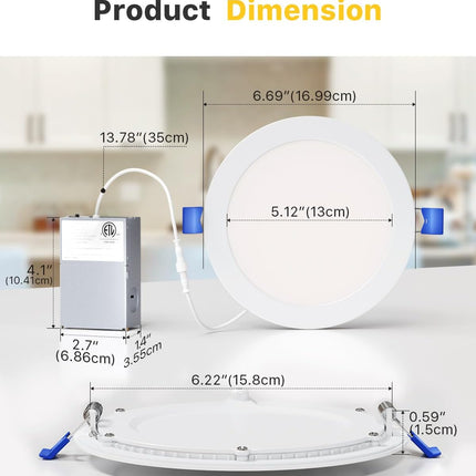 Ensenior 6Inch LED Recessed Slim Pot Light with Junction Box, 2700K/3000K/3500K