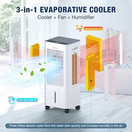 Grelife Portable Evaporative Air Cooler, 3-IN-1 Air Cooler with Fan & Humidifier