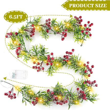 Christmas Garland with Light,Lighted Snowy Red Berries Holly Leaves Garland for