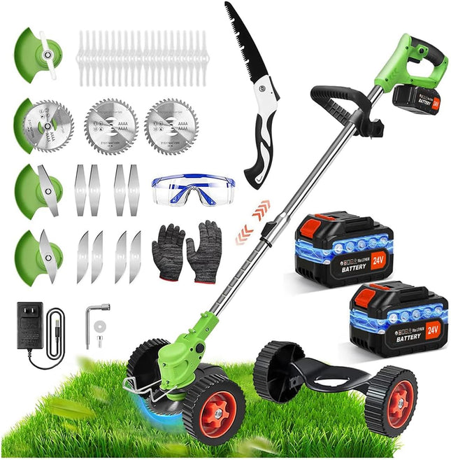 MUKHSIN Battery Powered Weed Wacker with Wheels, 650W Cordless Grass Trimmer, Telescopic Pole, 3-in-1 Blades (No Gloves)