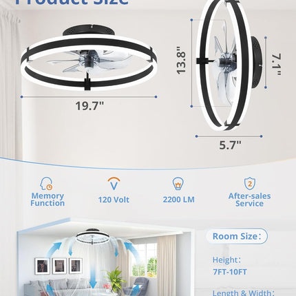 Low Profile Ceiling Fans with Lights and Remote, 19.7'' Modern Flush Mount Ceili