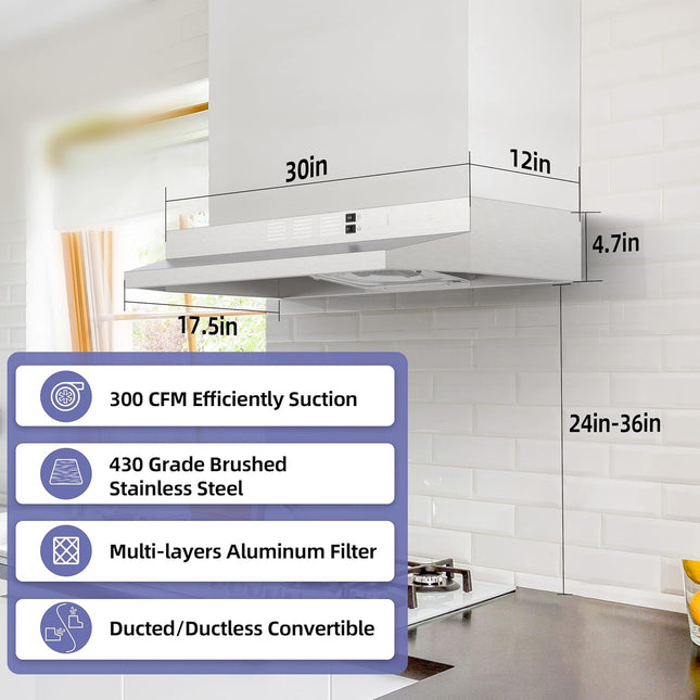 FIREGAS Range Hood 30 Inch Under Cabinet, Ducted/Ductless Convertible Stainless