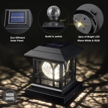 AEFRELEOHT Solar Post Cap Lights, Warm White & RGB Automatic Cycling, Cracked Gl