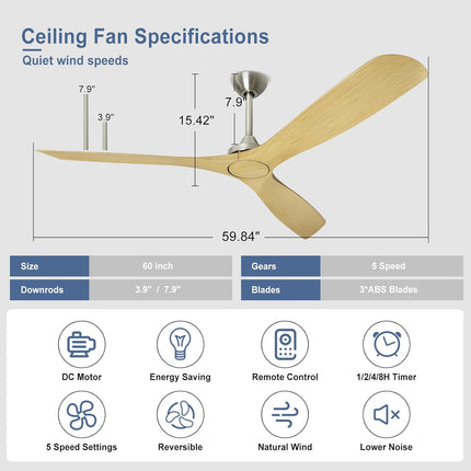 BvenuBigLite Ceiling Fan Without Light: 52 Inch 3 Blade Indoor Outdoor Fan for P