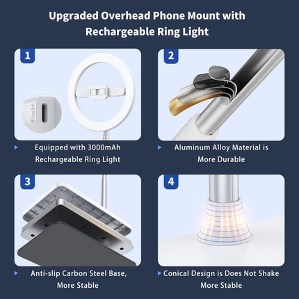 68.5" Overhead Phone Mount Tripod with Ring light, 3000mAh Rechargeable Foldable