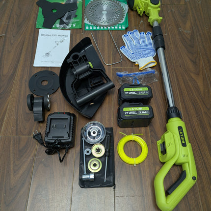 INCOMPLETE LAYUNI 21V Brushless Cordless Weed Wacker, 4-in-1 Trimmer & Edger with 2 x 3.0Ah (No String Holder)