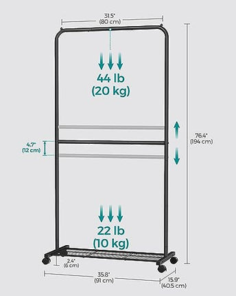 SONGMICS Clothes Rack with Wheels, 35.8 Inch Middle-Rod Garment Rack, Clothing R