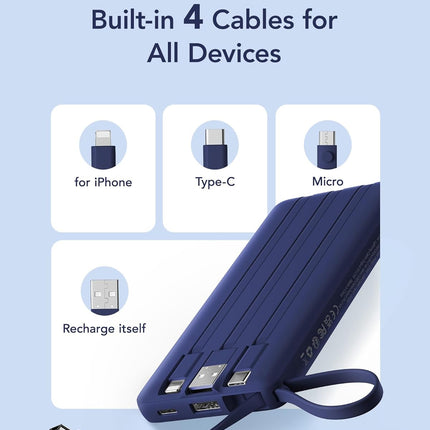 VRURC Portable Charger Buile-in 4 Cables 10000mAh, SlimPower Bank, 5 Output 2 In