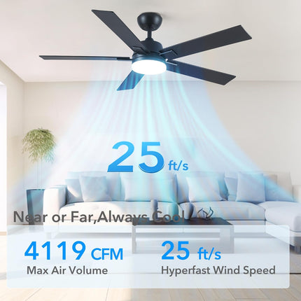 52 Inch Ceiling Fans with Lights and Remote, Black Ceiling Fan with 5 Blades, 6
