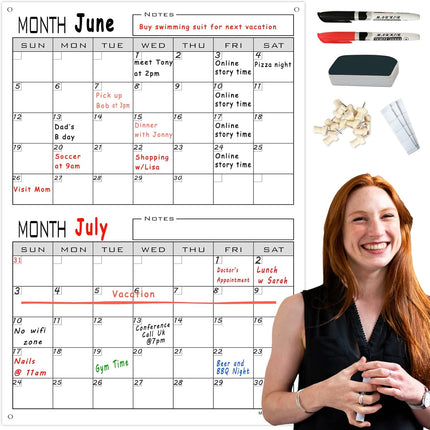 2 Month Dry Erase Calendar For Wall,24"x36" Large 60 Day Erasable & Reusable Wal