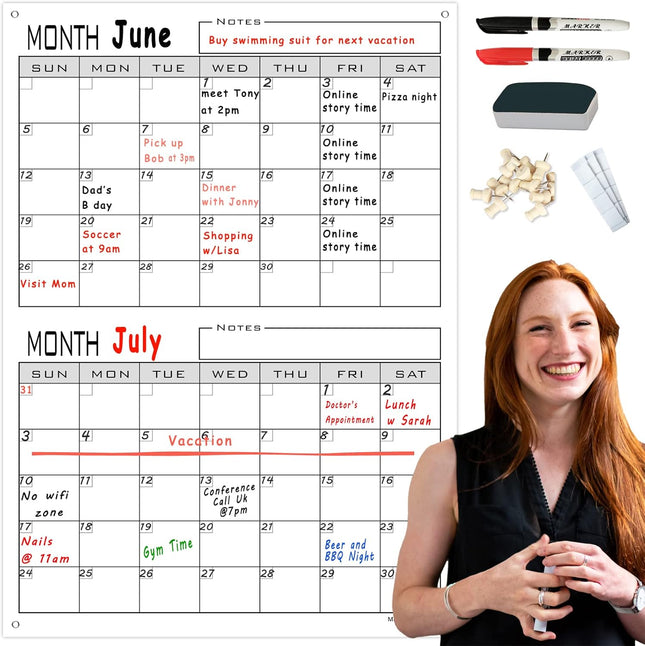 2 Month Dry Erase Calendar For Wall,24"x36" Large 60 Day Erasable & Reusable Wal