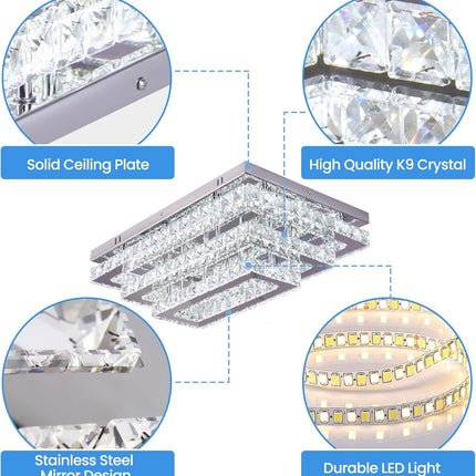 Finktonglan Modern Crystal LED Ceiling Light Fixtures 20” Dimmable Rectangular F