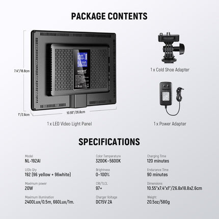 NEEWER 192 LED Video Light Panel, 20W Ultra Thin Bi-Color 3200-5600K with 8000mAh Battery & Cold Shoe Mount