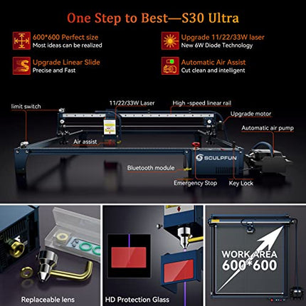 SCULPFUN S30 Ultra 22W Laser Engraver with Auto Air Assist and 23.6"x 23.6"(600x