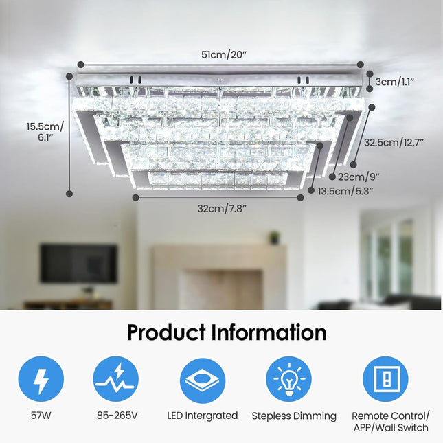 Finktonglan Modern Crystal LED Ceiling Light Fixtures 20” Dimmable Rectangular F