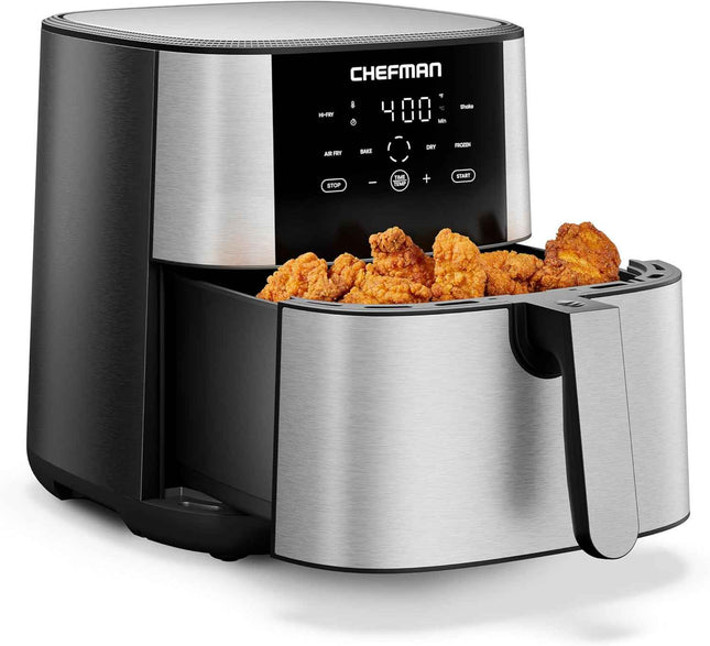 Chefman TurboFry® Touch Air Fryer, XL 8-Qt (7.5L) Family Size, One-Touch Digital Control Presets, French Fries, Chicken, Meat, Fish, Nonstick Dishwasher-Safe Parts, Automatic Shutoff, Stainless Steel