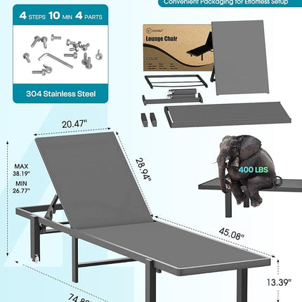 Aluminum Chaise Lounge Chair Outdoor with Wheels, Patio Lounge Chair with Adjust