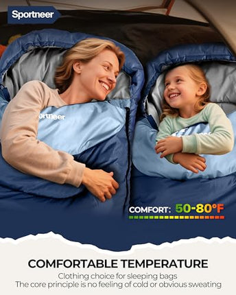 Sleeping Bag, Sportneer Sleeping Bags for Adults Kids 3 Seasons Warm Cold Weathe