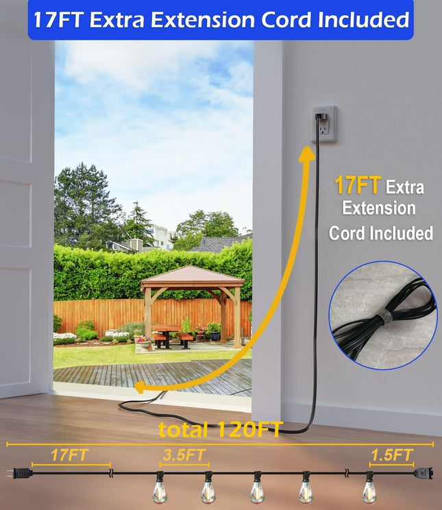 luckystyle 120FT LED Outdoor String Lights with 30+2 Edison Shatterproof Waterpr
