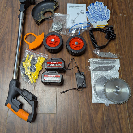 Electric Cordless Weed Wacker 21V, Portable Lightweight Brush Cutter & Trimmer, Foldable Design with 4 Blade Types