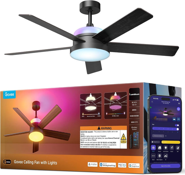 Govee RGBIC Smart Ceiling Fan with Lights and Remote, 52 inch Flush Mount, Reversible DC Motor, 5000 CFM, Alexa & Google