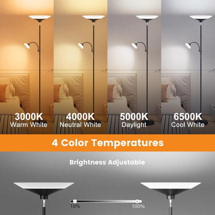 SIBRILLE 2-in-1 Torchiere Floor Lamp, 34W Dimmable Modern Standing Lamp with Gooseneck Reading Light & Magnetic Remote