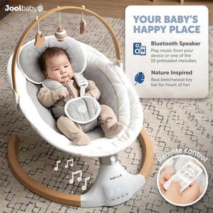 Jool Baby Nova Nature Baby Swing for Newborns with Natural Wood Toys, Electric M