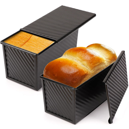 Beasea Pullman Loaf Pan With Lid, 2 Pack Non-Stick Black Carbon Steel Bread Pans
