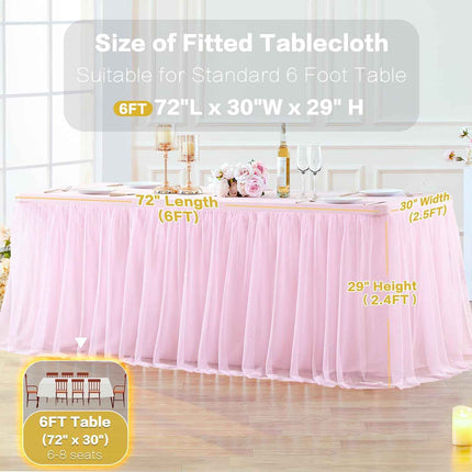 2 Pack Pink Table Cloth for 6 Foot Rectangle Tables, Pink Tulle Table Skirt Stre