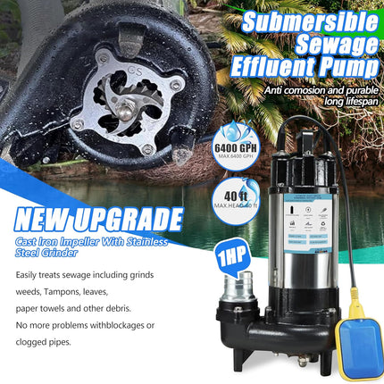 1HP Sewage Grinder Pump Submersible Effluent Pump, Sump Pump 110V 6400GPH with A