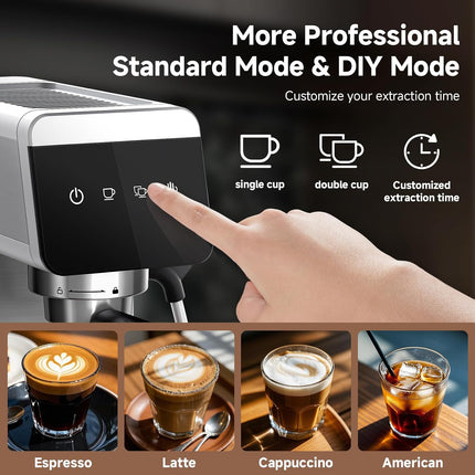 AMZCHEF 20 Bar Espresso Machine, Compact Stainless Steel Coffee Maker with LED Touch Screen & Milk Frother, Nickel
