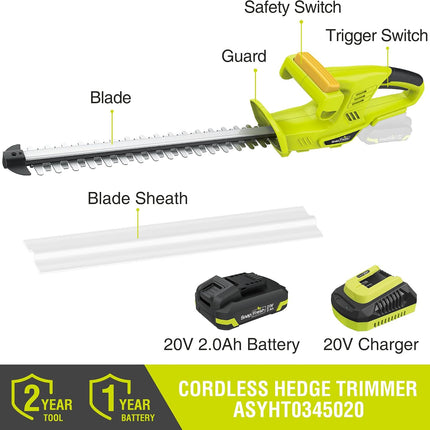 SnapFresh 20V Cordless Hedge Trimmer, 18 in Dual-Action Blades with 2.0Ah Battery & Fast Charger, 4 lb