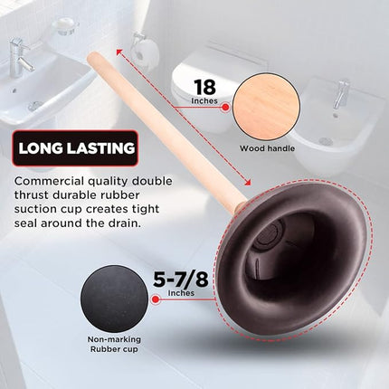 Heavy Duty Toilet Plunger Strong Suction Force Cup Rubber with 18 in. Wooden Han