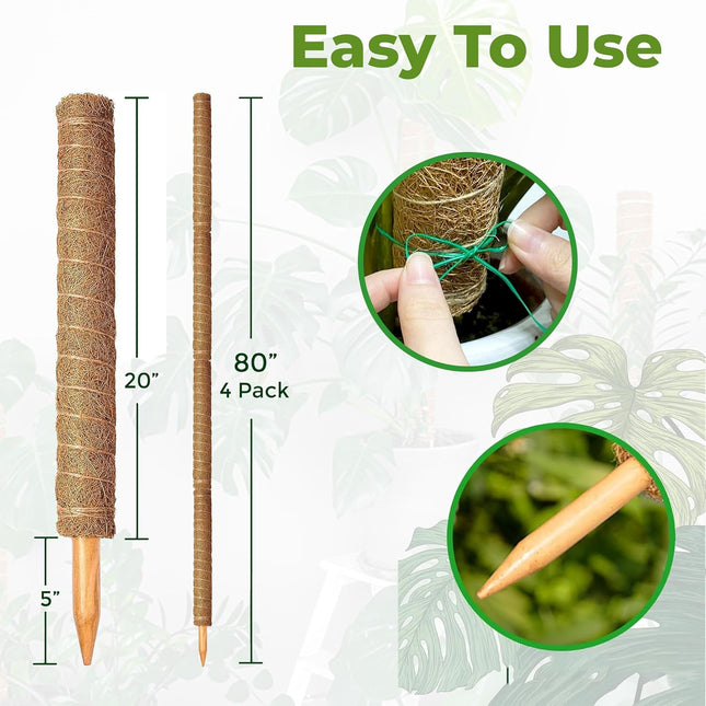 4 Pack 80 Inch Stackable Moss Poles for Climbing Plants- Large Moss Pole for Mon