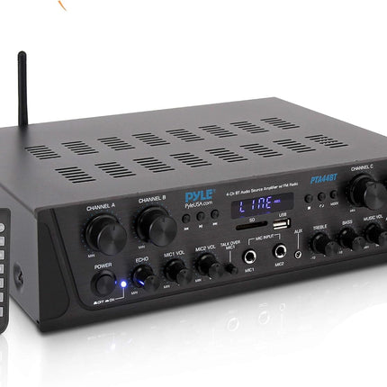 Pyle 500W Karaoke Wireless Bluetooth Amplifier, 4-Channel Stereo Home Theater Amp with USB, SD, FM Radio & Remote, Black