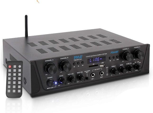 Pyle 500W Karaoke Wireless Bluetooth Amplifier, 4-Channel Stereo Home Theater Amp with USB, SD, FM Radio & Remote, Black