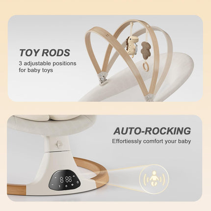Monamii Bluetooth Baby Swing for Infants, 5 Sway Motions, 10 Melodies, Remote Control & Auto-Rocking, Light Beige