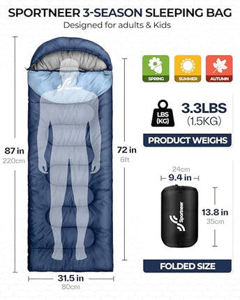 Sleeping Bag, Sportneer Sleeping Bags for Adults Kids 3 Seasons Warm Cold Weathe