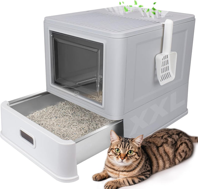 ELEGX Odor-Control Stainless Steel Cat Litter Box,XL Large 4-in-1 Cat Metal Litt