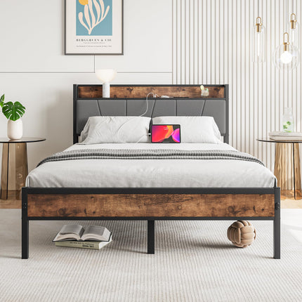 BOFENG Full Size Bed Frame with Upholstered Storage Headboard,USB Charging Stati
